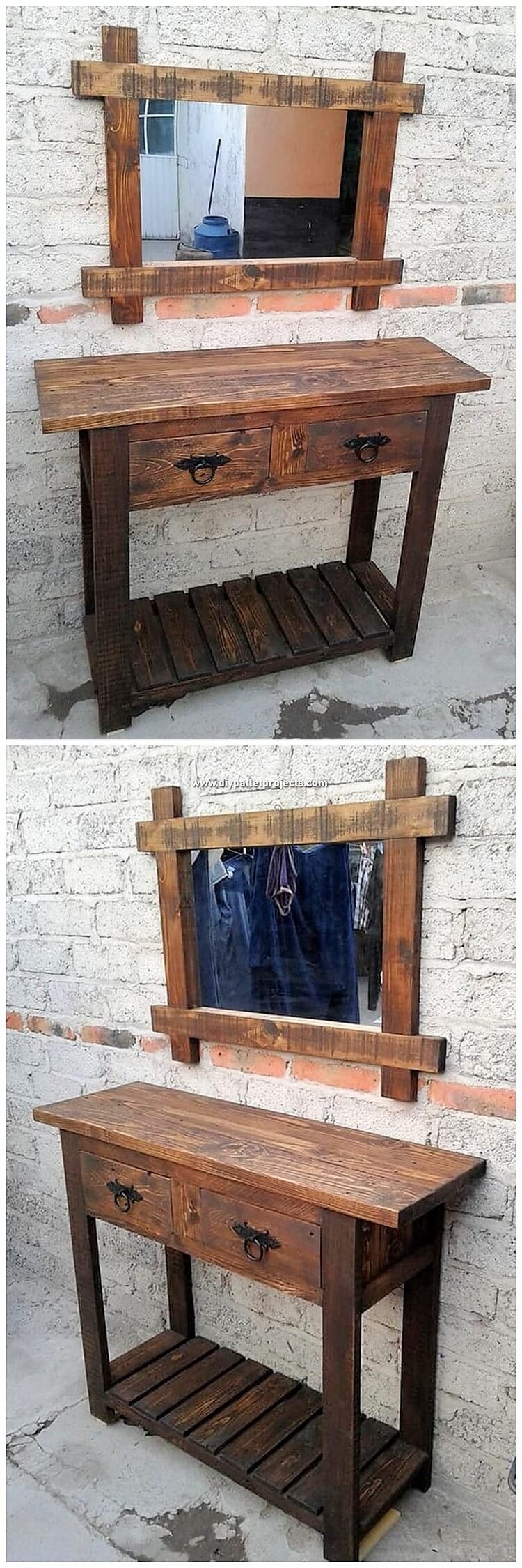 Pallet Mirror Frame and Table with Drawers